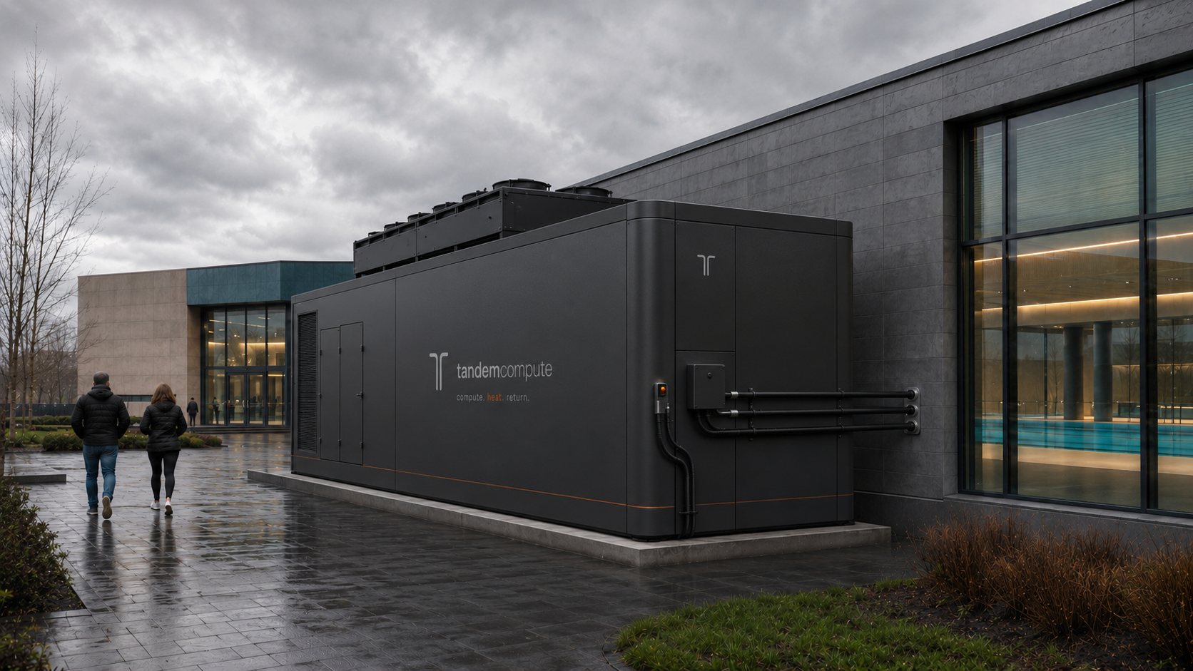 Concept visual of a tandem compute pod installed beside a leisure-centre building